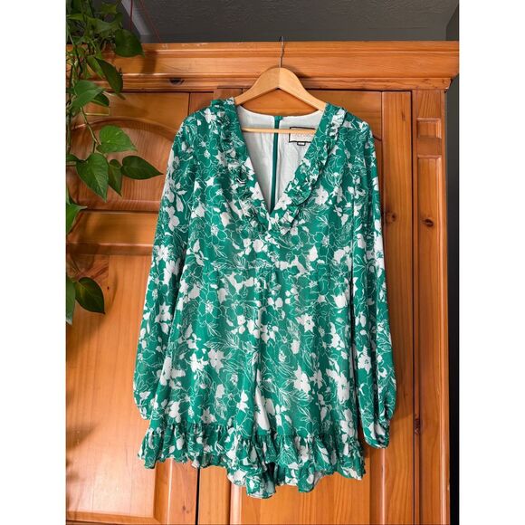 Alexis Green & White Floral Long-Sleeve Ruffle Romper SZ L - Picture 2 of 12